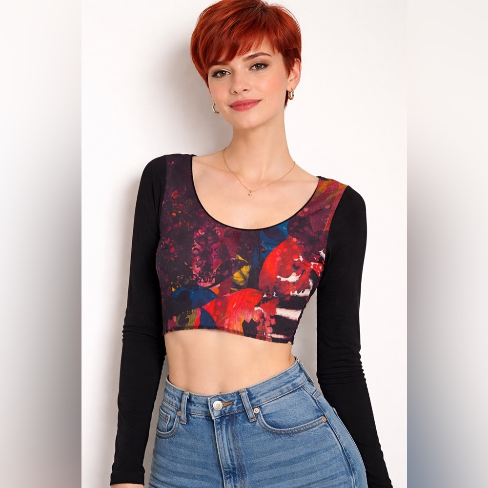 Desigual Colorful Abstract Crop Top with Black Sleeves